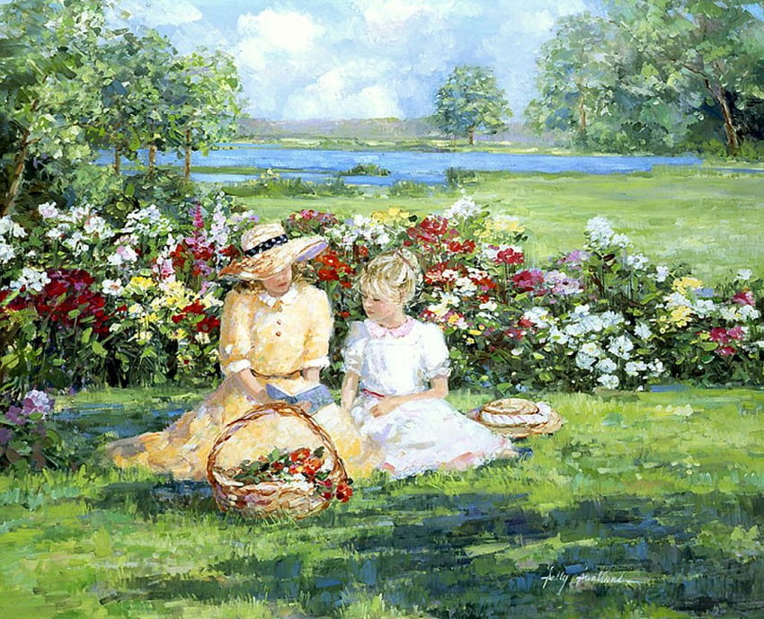 Rose Garden Picnic, rose, garden, aquarel, picnic HD wallpaper