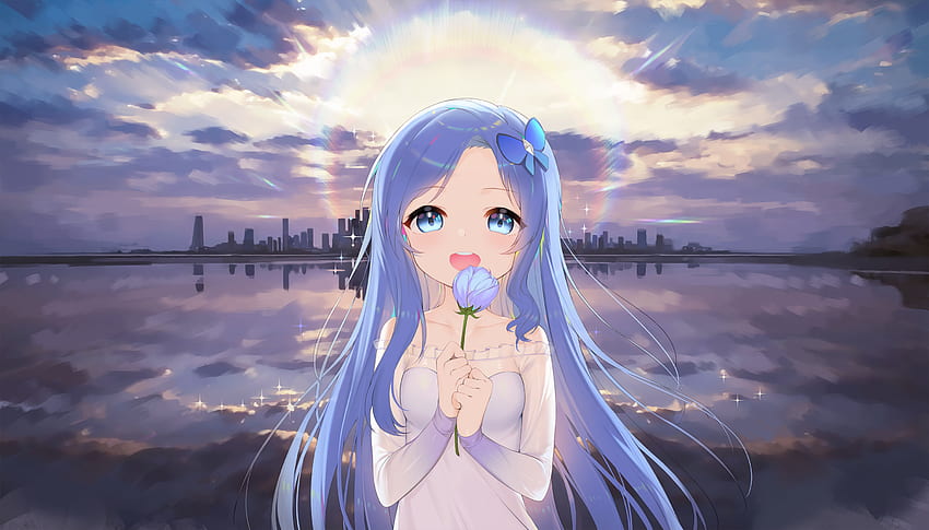 Bonita, garota de anime, cabelo comprido azul, sorriso papel de parede HD