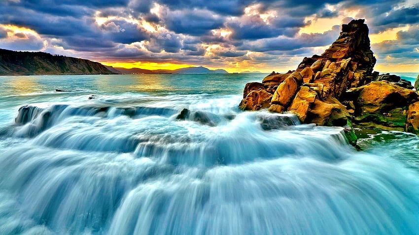 Natur, Sonnenuntergang, Meer, Wasserfall, Brandung HD-Hintergrundbild