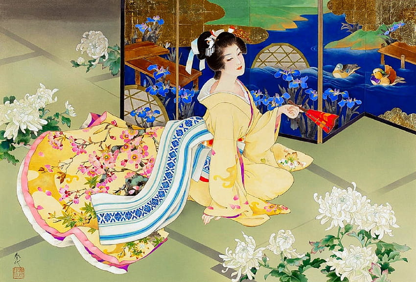 Shiragiku, japonés, kimono, asiático, grafía, japón, colores, cosas raras que usa la gente, geisha, hermoso, fan, mujer, amor cuatro estaciones, dama, flores, encantador, estanque fondo de pantalla