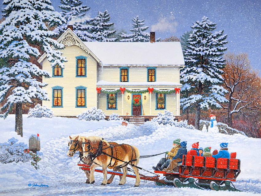Christmas visit, winter, children, house, horses, sleigh, snow, decorations, trees, christmas time HD wallpaper