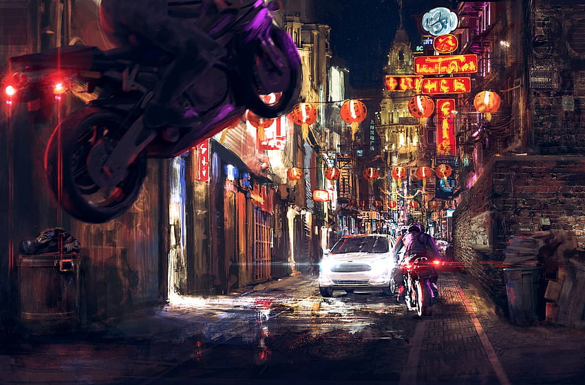 Luciano Neves, Illustration, Digital art, Artwork, China, Street, City, Motorcycle / and Mobile Background, Chinese Street HD wallpaper