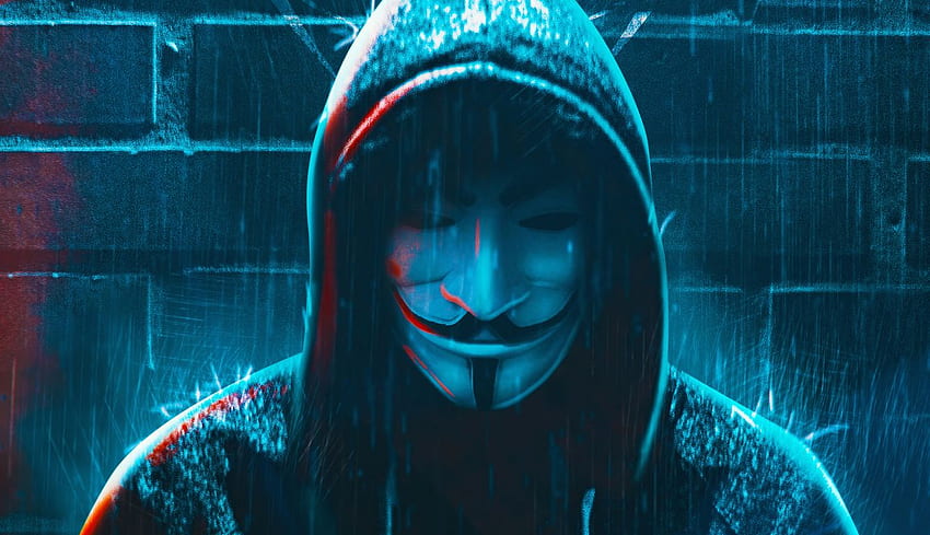 Laptop anônimo de máscara de hacker, artista e plano de fundo papel de parede HD