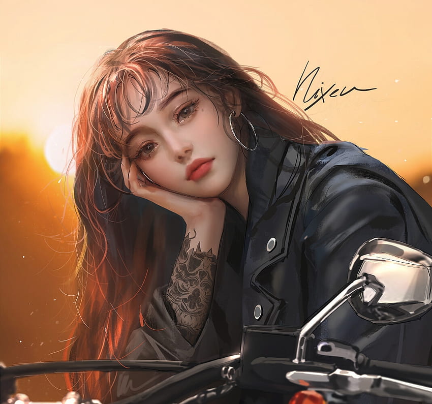 Sunset girl autorstwa NIXEU, dziewczyna, sztuka, fantasy, motocykl, nixeu, zachód słońca Tapeta HD