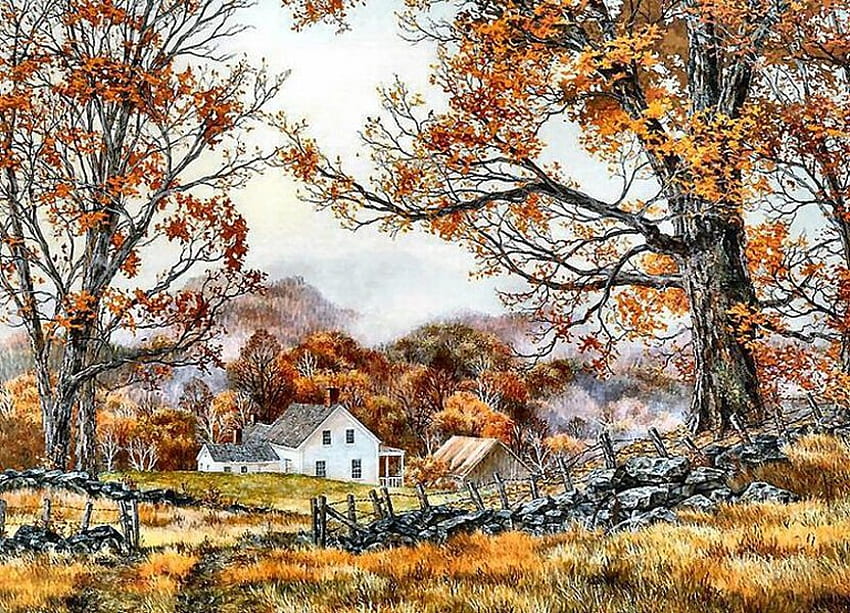 Nature, painting, art, fall, autumn, cottage HD wallpaper