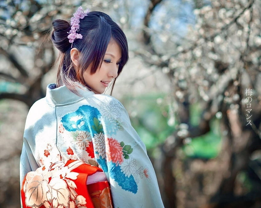 Японско момиче, кимоно, красиво, сакура, дървета, японско, момиче HD тапет