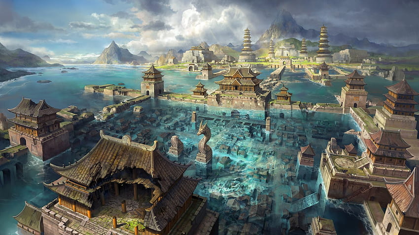 Cidade Asiática, Mundo da Fantasia, Inundação, Nuvens, Arte, Castelo, Castelo do Dragão papel de parede HD