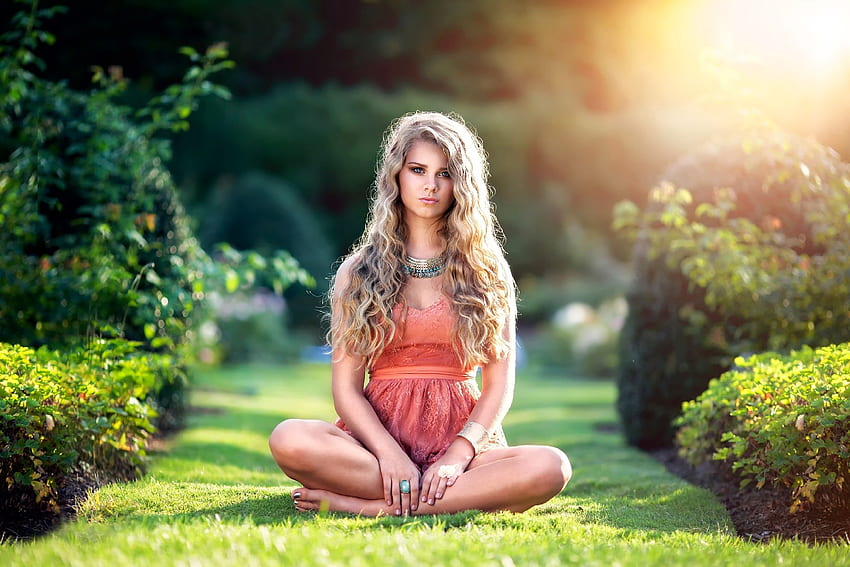 Blonde in the Lotus Position, outdoors, model, dress, blonde HD wallpaper