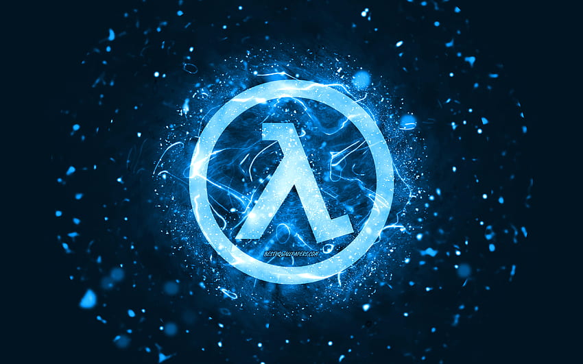 Blaues Half-Life-Logo, blaue Neonlichter, kreativer, blauer abstrakter Hintergrund, Half-Life-Logo, Spielelogos, Half-Life HD-Hintergrundbild