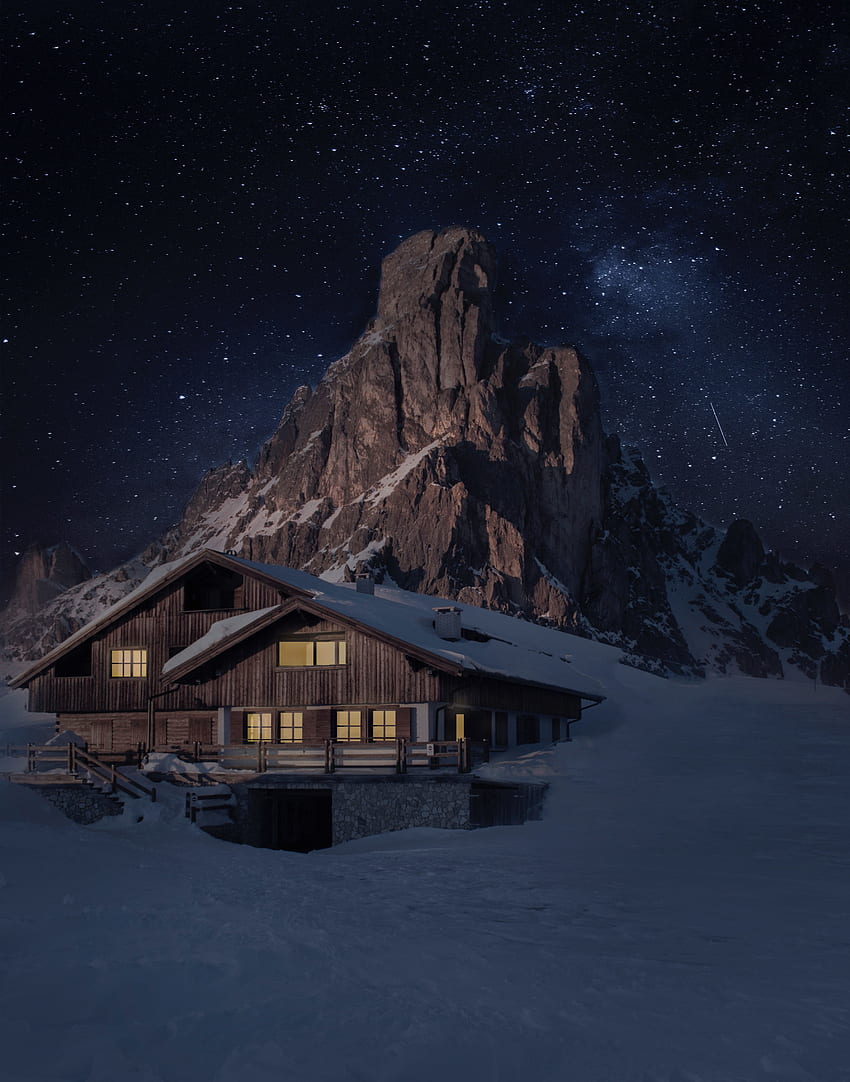 House and mountain, night, winter HD phone wallpaper