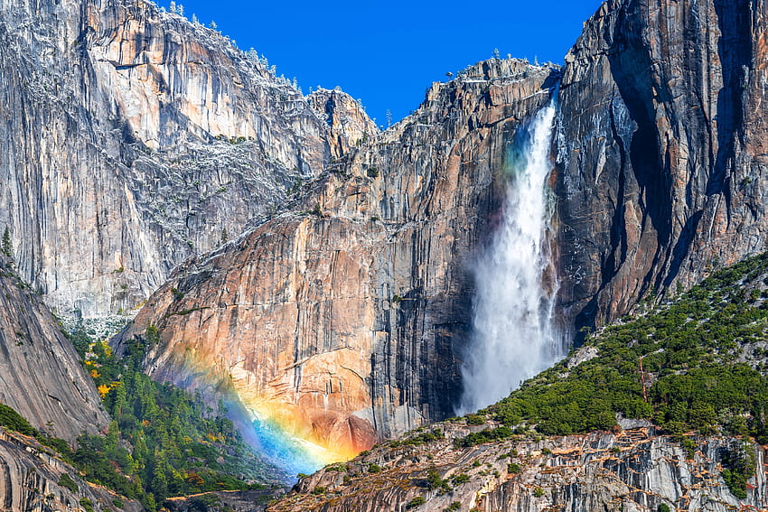 Rainbow at Base of Yosemite Falls, waterfall, nature, rainbow, usa HD wallpaper