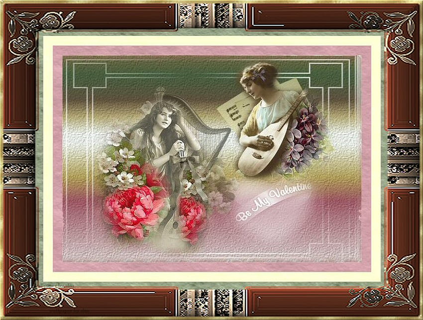 VICTORIAN BE MY VALENTINE, valentine, harps, frame, red, flowers, ladies, victorian HD wallpaper