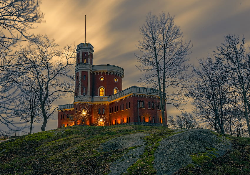 Schloss Kastellholmen in Schweden, Bäume, Himmel, Schloss, Schweden, Abend HD-Hintergrundbild