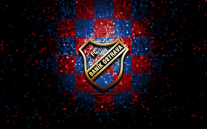 Banik Ostrava FC, glitter logo, Çek Birinci Ligi, kırmızı, mavi damalı arka plan, futbol, ​​Çek Futbol Kulübü, Banik Ostrava logo, mozaik sanatı, FC Banik Ostrava HD duvar kağıdı