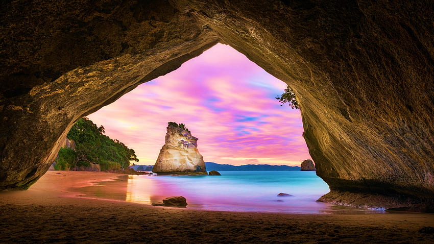 Cathedral Cove, Peninsula of Coromandel, New Zealand, sea, trees, landscape, colors, sky, rocks, sunset HD wallpaper