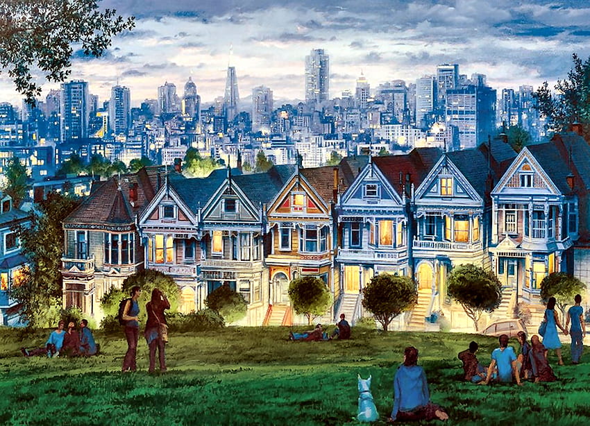 The Seven Sisters F, San Francisco, architecture, art, USA, beautiful, cityscape, houses, artwork, scenery, wide screen, painting, victorian, California HD wallpaper