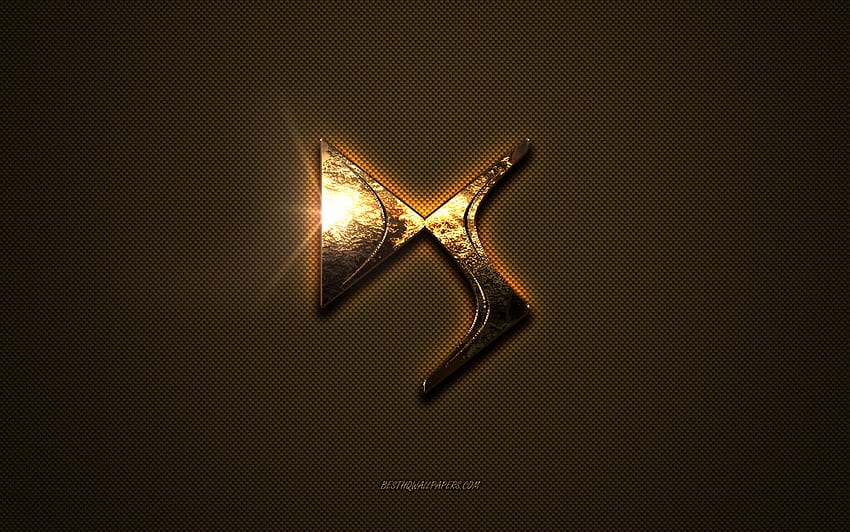 Złote logo DS, grafika, brązowe metalowe tło, godło DS, kreatywność, logo DS, marki, DS Tapeta HD
