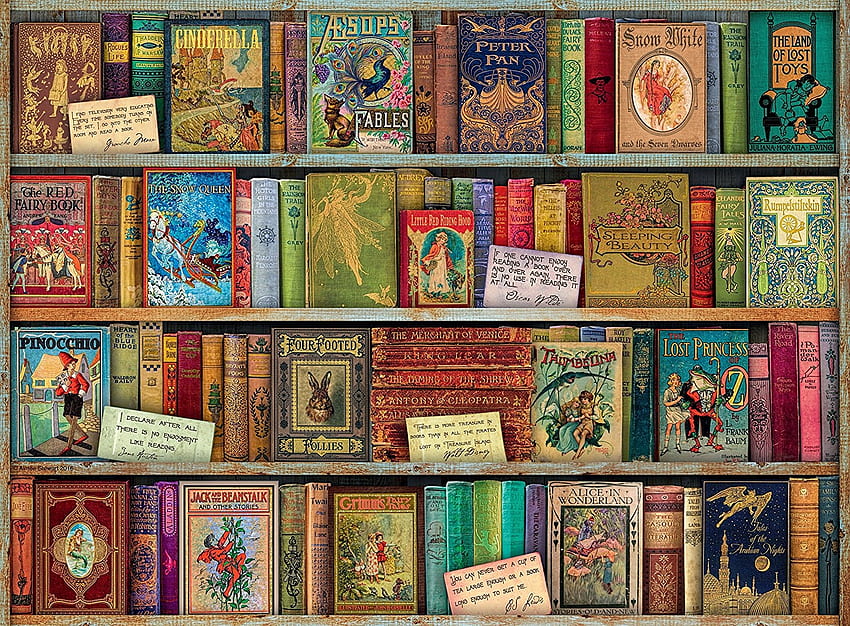 Vintage library, colorful, aimee stewart, shelves, book, fantasy, library, luminos, vintage HD wallpaper