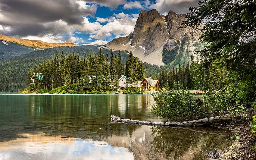 Canadian Rockies, mountain lake, evening, sunset, mountain landscape, rocks, lake, Alberta, Canada HD wallpaper