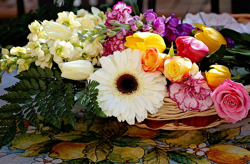 Flowers, Roses, Tulips, Carnations, Gerberas, Basket, Composition HD wallpaper