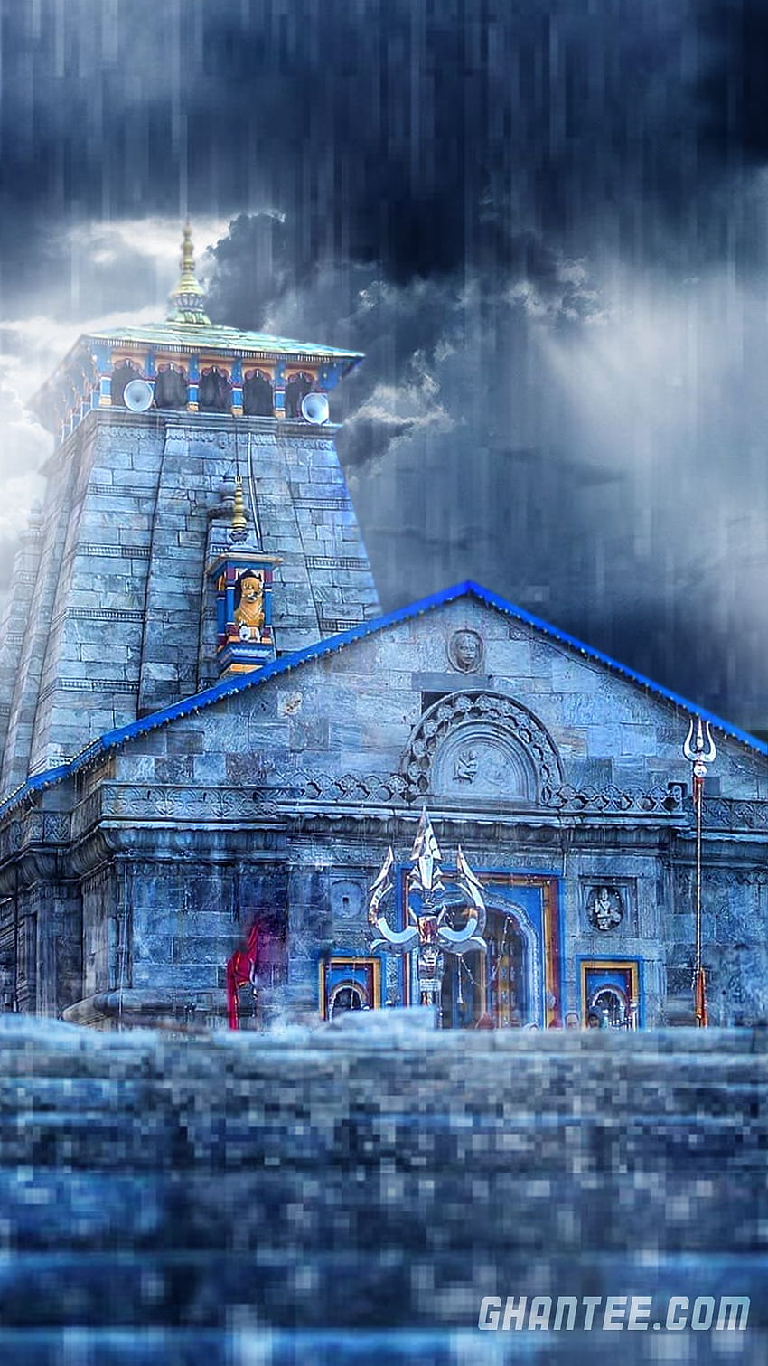kedarnath bajo la lluvia para dispositivos móviles. Gantee. Shiva , Mahadev , Templo gráfico fondo de pantalla del teléfono