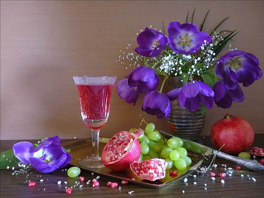 Pomegranate Grapes, still life, Pomegranate, grapes, glass, flowers, fruits HD wallpaper