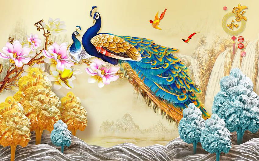 Peacocks, pink, floer, bird, paun, yellow, peony, peacock, pasari HD wallpaper