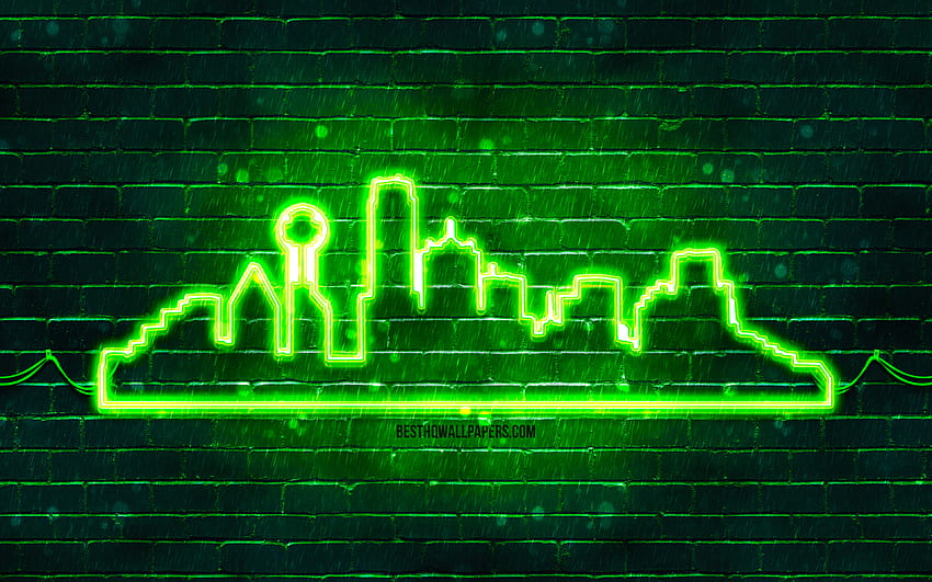 Dallas green neon silhouette, , green neon lights, Dallas skyline silhouette, green brickwall, american cities, neon skyline silhouettes, USA, Dallas silhouette, Dallas HD wallpaper
