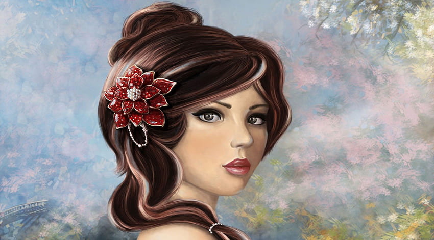 Visage, fleur, femme, brune HD wallpaper