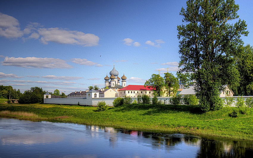 Monastery in Russia, river, monastery, church, Russia, tree HD wallpaper