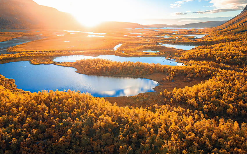 Lappland, evening, sunset, valley, lakes, autumn, yellow trees, Norrland, Sweden HD wallpaper