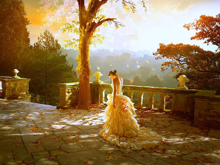 Lady at Sunset, sunsets, fall, weird things people wear, digital art, woman, creative pre-made, love four seasons, leaves, fantasy, manipulation, autumn HD wallpaper