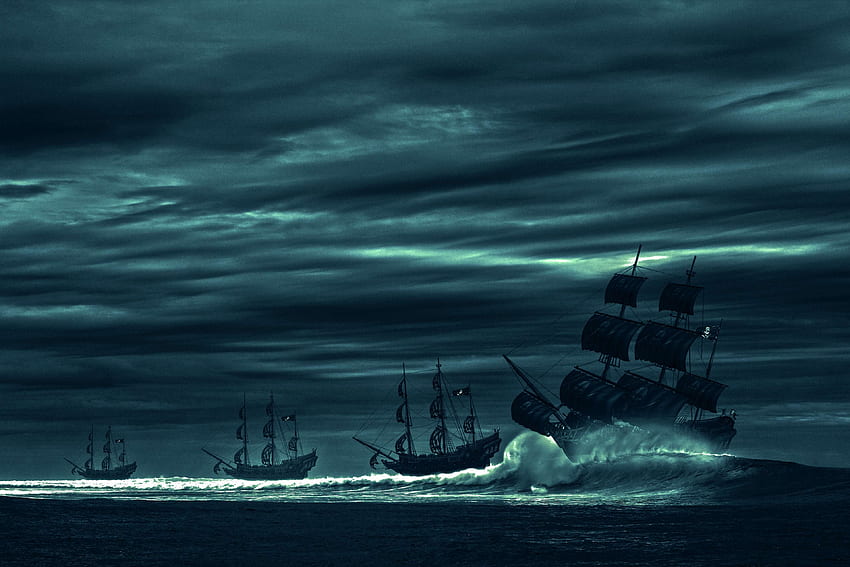 лодка, покрито с облаци, сиво небе, океан, пират, пиратски кораб, море, страна, буря, вълни HD тапет