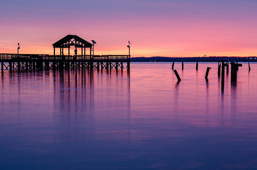 Virginia park lake reflection bridge pier support evening orange, Pink Sky HD wallpaper