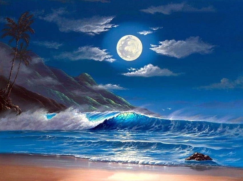 Ketenangan malam, laut, pantai, atraksi dalam mimpi, firdaus, kreatif buatan awal, musim panas, cinta empat musim, awan, alam, langit, gunung, bulan Wallpaper HD