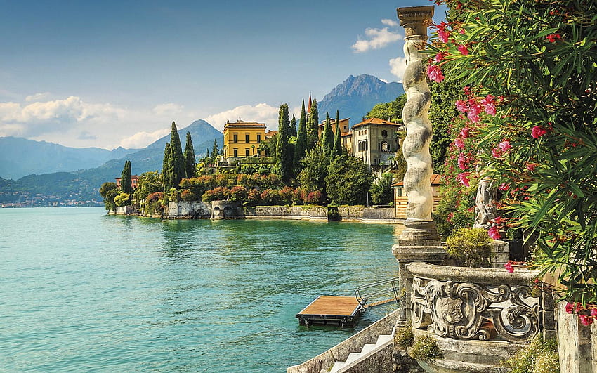 Varenna, Como Gölü, ağaçlar, çiçekler, İtalya, doğa, dağlar, köy HD duvar kağıdı