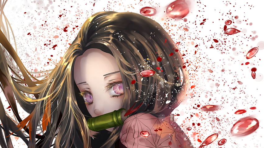 Demon Slayer Nezuko Kamado Dengan Latar Anime Titik Putih Dan Titik Merah Wallpaper HD