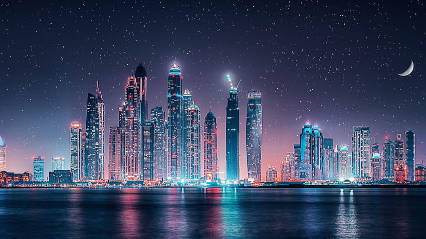Dubai Skyline Starry Sky At Night Ultra HD wallpaper