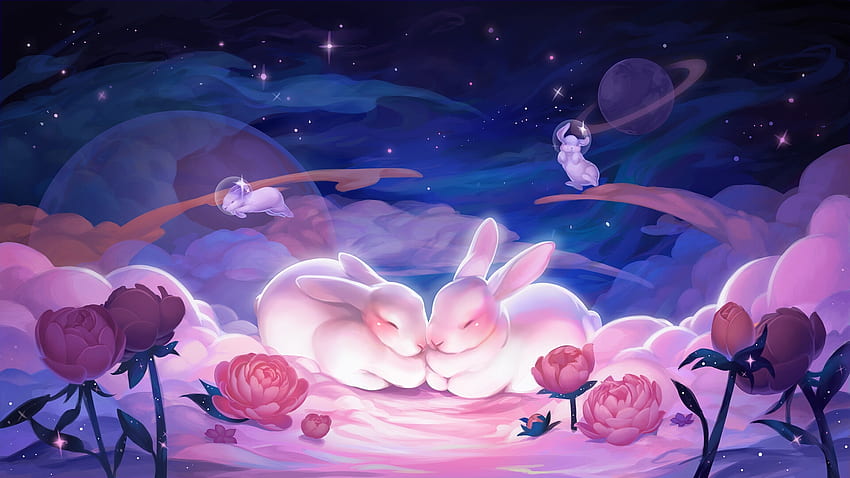 Space bunnies, blue, christy treekhem, bunny, pink, fantasy, flower, space, easter, luminos, rabbit HD wallpaper