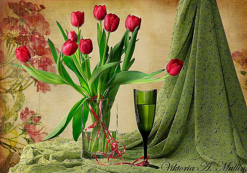 натюрморт, букет, графика, ваза за цветя, красиви, лалета, червено, стъкло, цветя, хармония HD тапет