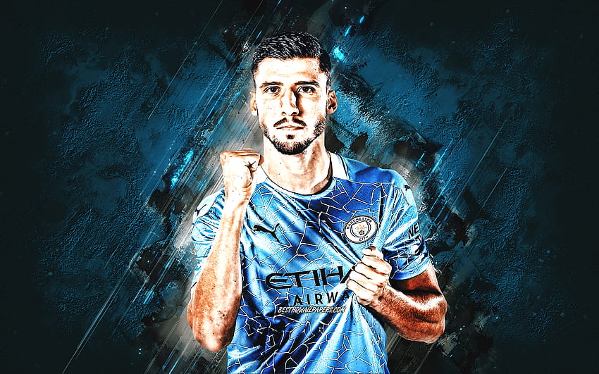 Ruben Dias, Manchester City FC, portugiesischer Fußballspieler, Porträt, blauer Steinhintergrund, Fußball für mit Auflösung. Gute Qualität HD-Hintergrundbild