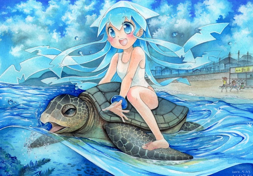 Kaplumbağa ile birlikte, tatlı, deniz, sahne, kız, güzel, anime kız, kawaii, kaplumbağa, anime, güzel, gökyüzü, tapılası, su, sevimli, okyanus, kadın HD duvar kağıdı