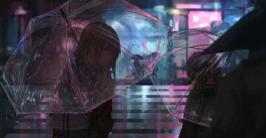 アニメ、雨、夜、女の子、傘、通り 高画質の壁紙