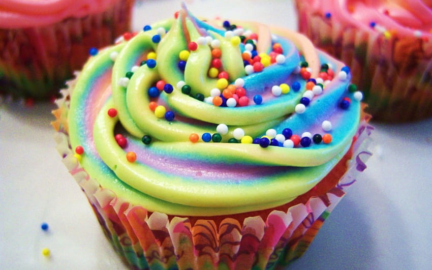 Triple rainbow cupcakes, sprinkles, icing, rainbow, cupcakes HD wallpaper