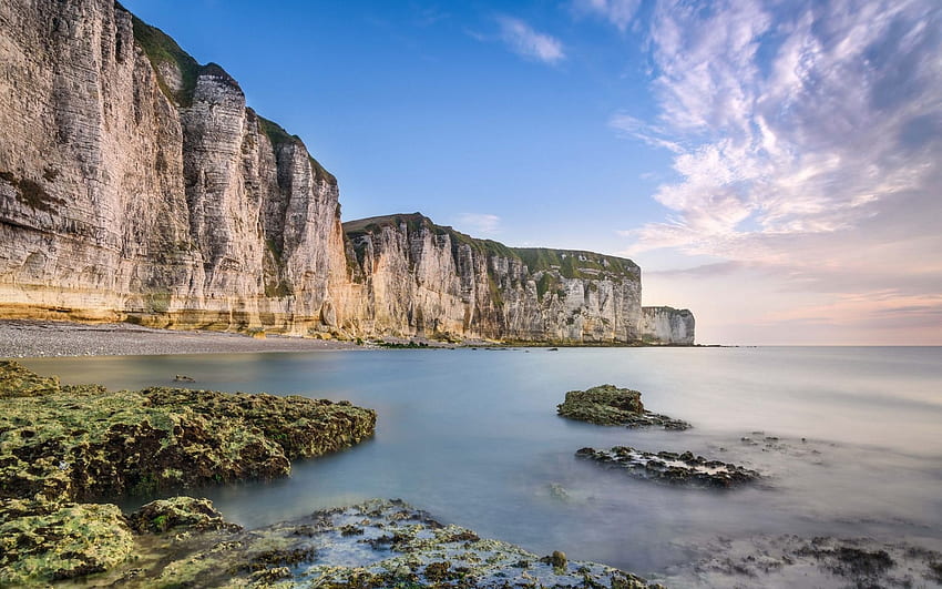 Normandia, kanał La Manche, wybrzeże, skały, wieczór, zachód słońca, Francja z rozdzielczością. Wysoka jakość Tapeta HD