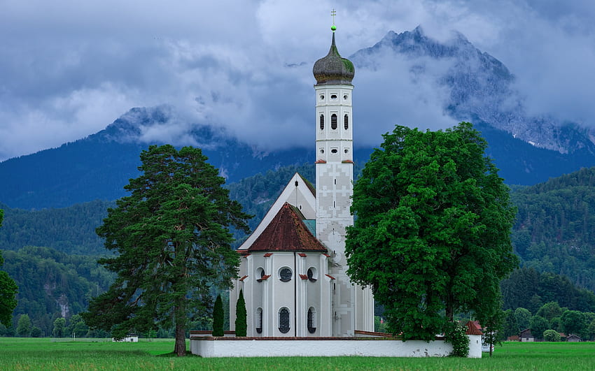 St Coloman Church, church in the mountains, Schwangau, Alps, Sankt Coloman, mountain landscape, Bavaria, Germany HD wallpaper