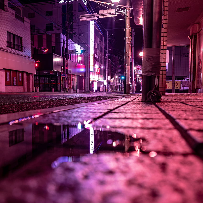 street, puddle, neon, light, night, Purple Street HD phone wallpaper