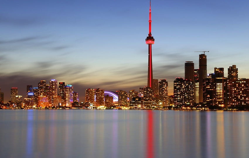 nuvens, lago, reflexão, à noite, Canadá, Toronto, lago Ontário, CN Tower for, seção город papel de parede HD