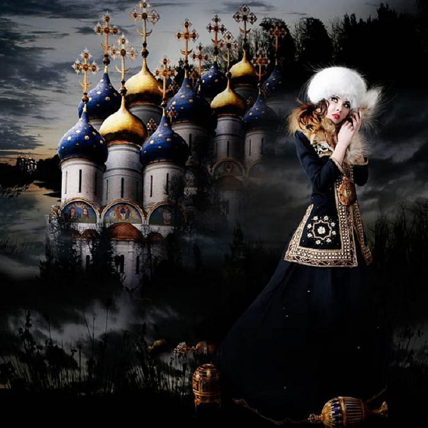 Russia, girl, domes, fantasy HD wallpaper