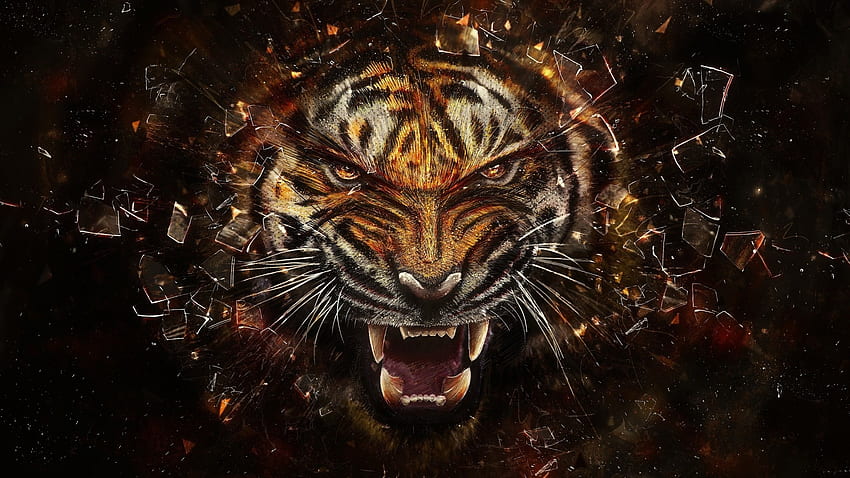 Preview tiger, glass, shards, aggression, teeth HD wallpaper